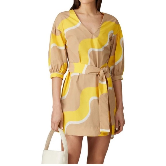 Chinti & Parker Wave Printed Puff Sleeve Tie Waist V-Neck Mini Dress Yellow Tan - Picture 1 of 5